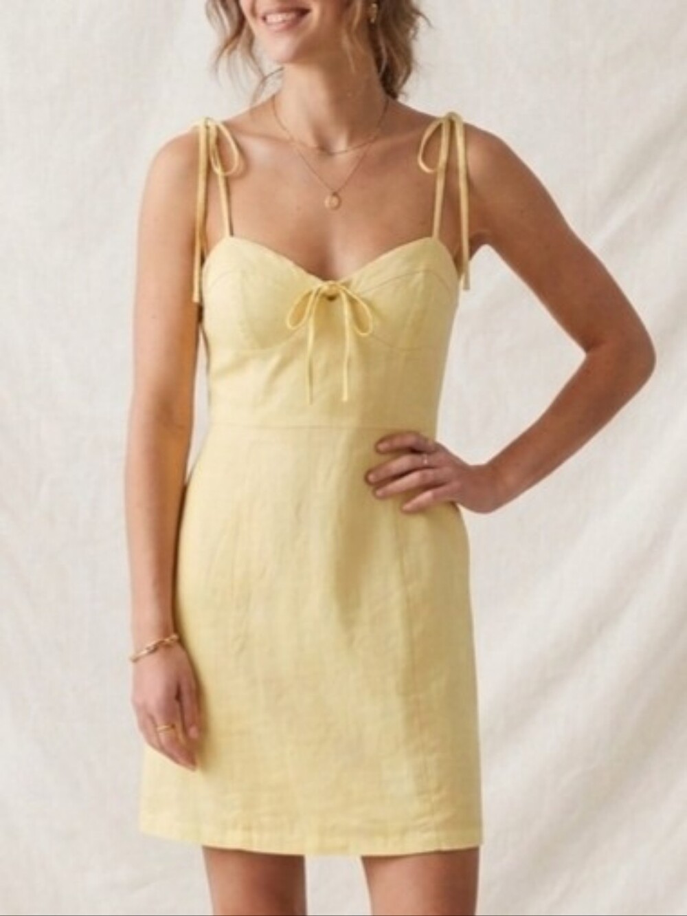 Sz S Linen Cotton Butter Yellow Tie-Shoulder Bustier-Style Sundress Mini Dress